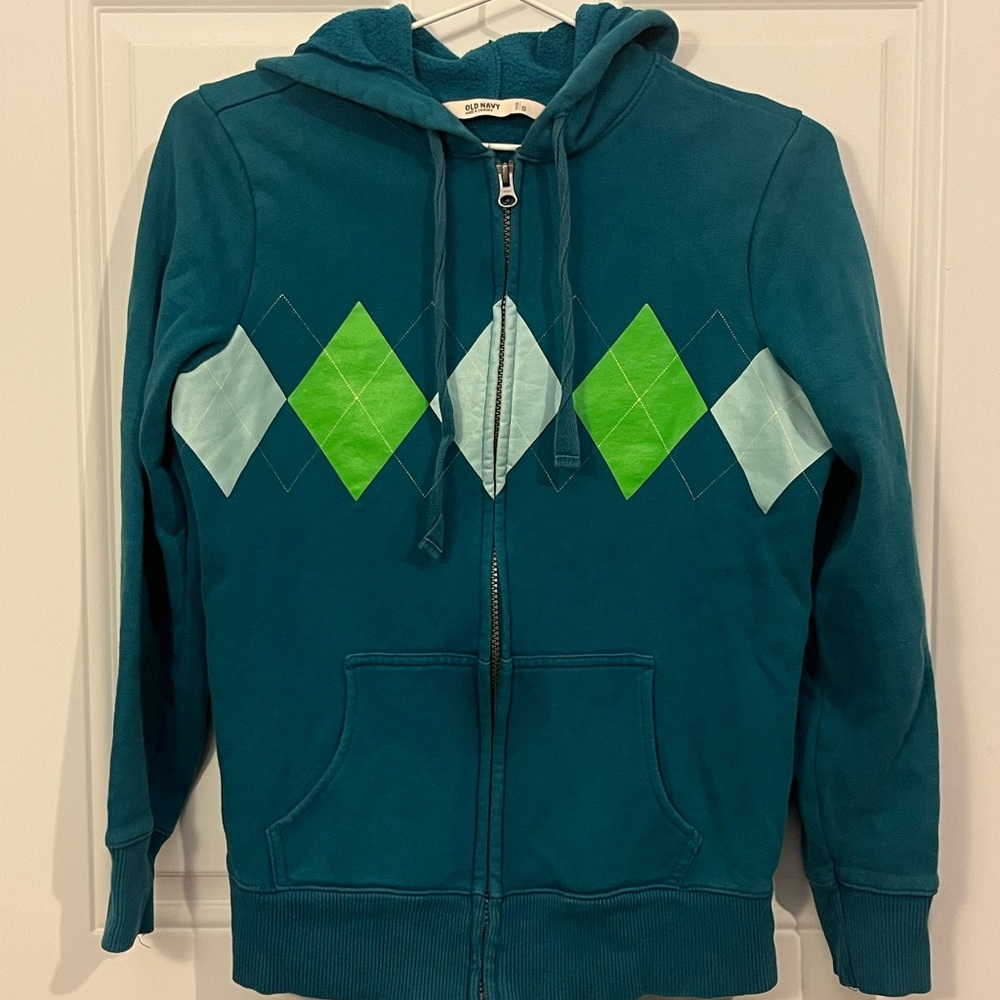 Old Navy Teal Argyle Women’s Small Zip Up Hoodie- Pre-owned - Excellent!